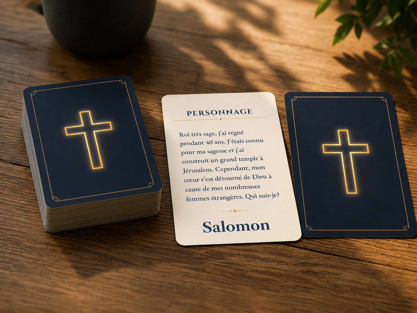 Bible Card Game cards laid out on a wooden table