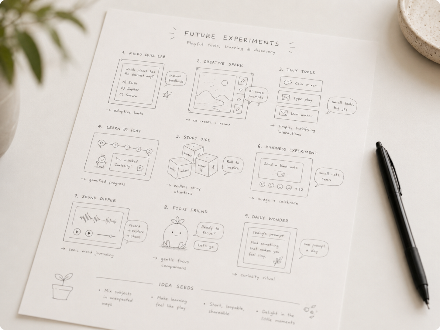 Wireframe sketches and design notes on a notebook